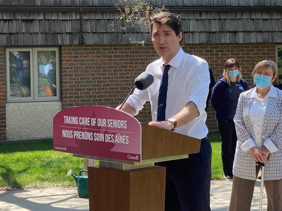 Prime Minister Justin Trudeau made an announcement on long-term care during a visit to Saskatoon today. (Travis Reddaway/CBC - image credit)