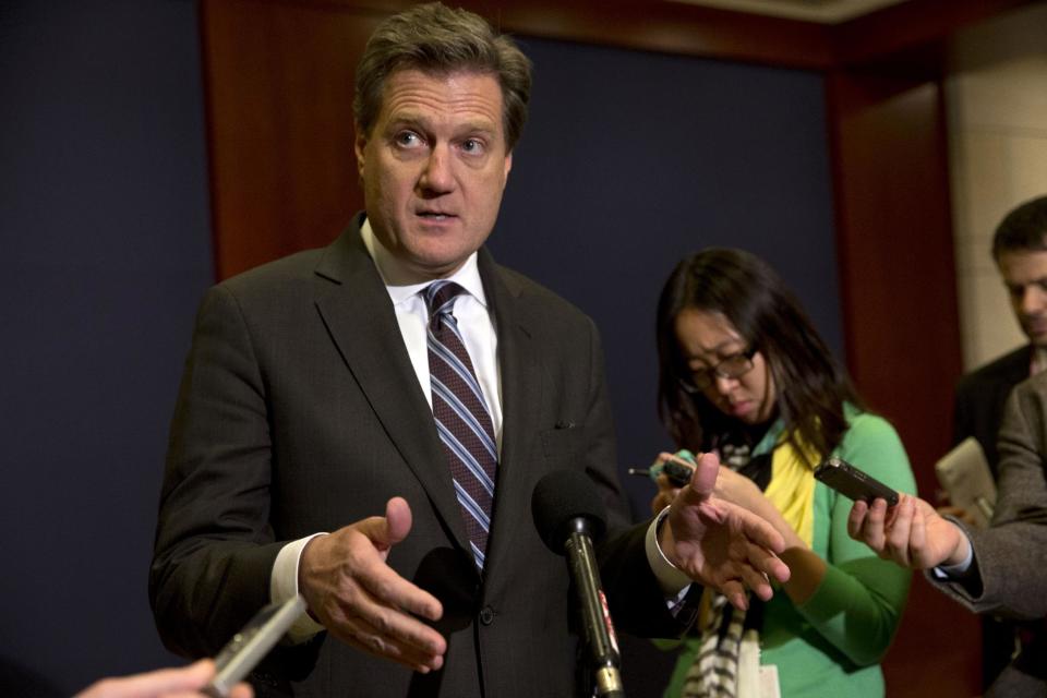 Rep. Mike Turner, D-Ohio, Chairman of the House Armed Services Tactical Air and Land Forces Subcommittee, speaks to reporters after a House all-member classified briefing on Ukraine, on Capitol Hill in Washington, Tuesday, March 11, 2014. (AP Photo/Jacquelyn Martin)