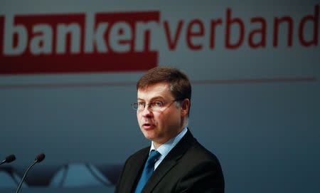 European Commission Vice-President Valdis Dombrovskis attends the German Banking Congress in Berlin, Germany, April 6, 2017. REUTERS/Fabrizio Bensch