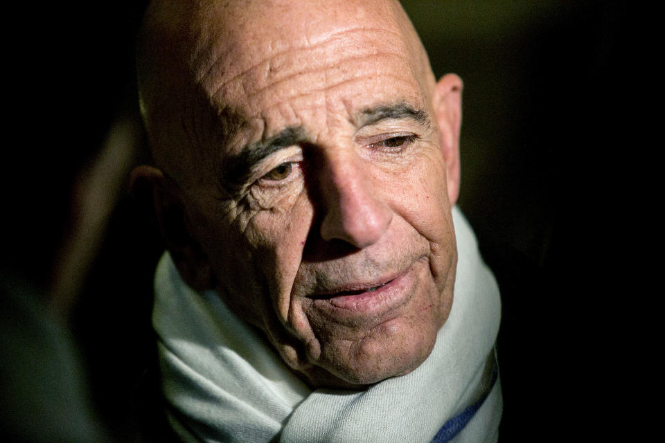 Thomas "Tom" Barrack, chairman of then-President-elect Donald Trump's inaugural committee, talks to reporters in the lobby of Trump Tower in New York on Jan. 10, 2017. (Sam Hodgson/The New York Times)