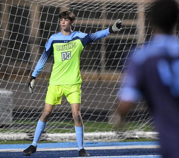 Bartlsville High goalie Bode Doenges directs the defense during 2023 action at home. Bartlesville finished 5-2 in district and qualified for the playoffs.