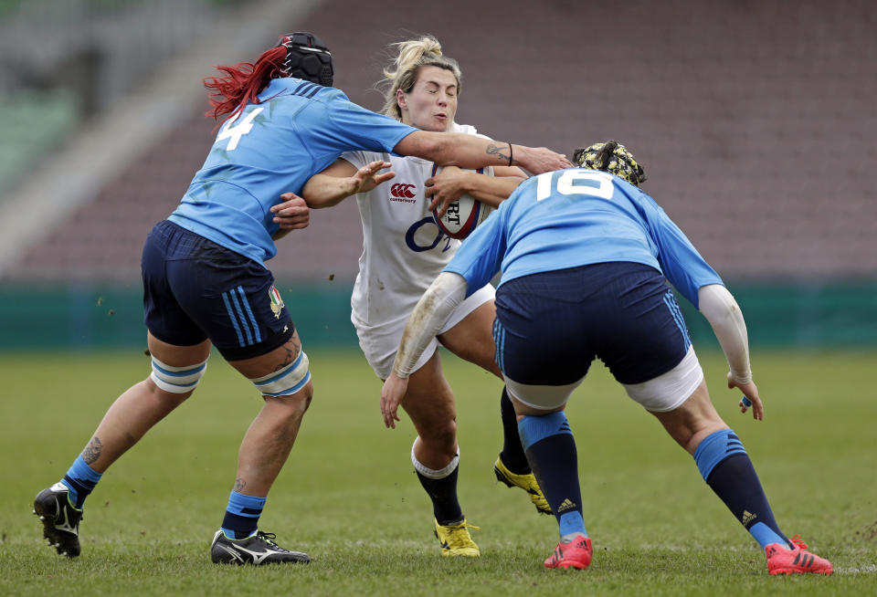 Vicky Fleetwood's first-half try helped England to a Round 2 win over Italy, that secured their spot in the 2021 Women's Six Nations showpiece © REUTERS