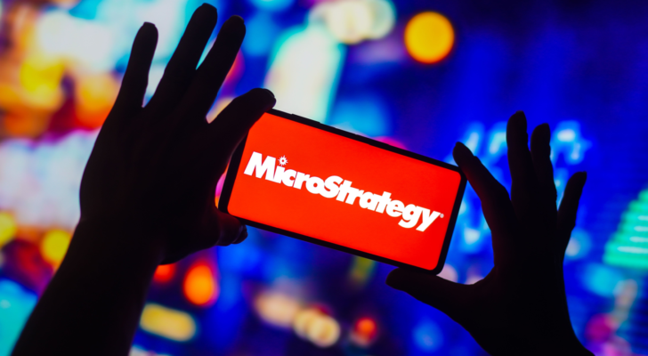 In this photo illustration, the MicroStrategy (MSTR) Incorporated logo is displayed on a smartphone screen