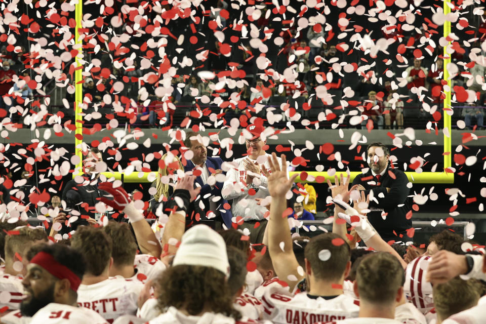 Wisconsin head coach Paul Chryst celebrates after his team defeated Arizona State in the Las Vegas Bowl NCAA college football game Thursday, Dec. 30, 2021, in Las Vegas. (AP Photo/L.E. Baskow)