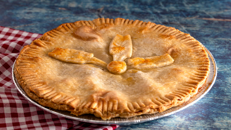 Apple pie resting on countertop