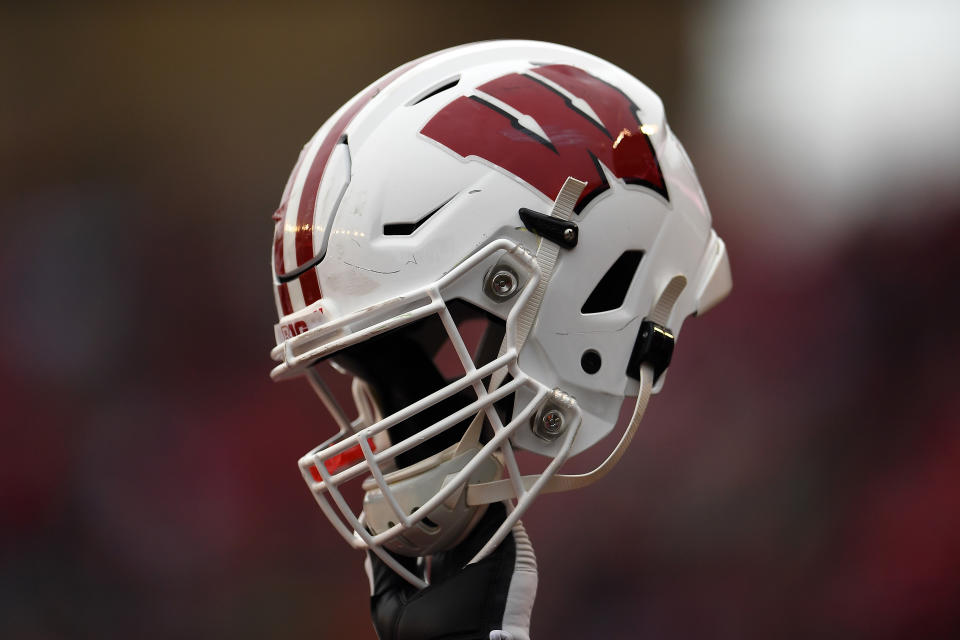 MADISON, WISCONSIN - OCTOBER 05:  A detailed view of a Wisconsin Badgers helmet prior to a game against the Kent State Golden Flashes at Camp Randall Stadium on October 05, 2019 in Madison, Wisconsin. (Photo by Stacy Revere/Getty Images)