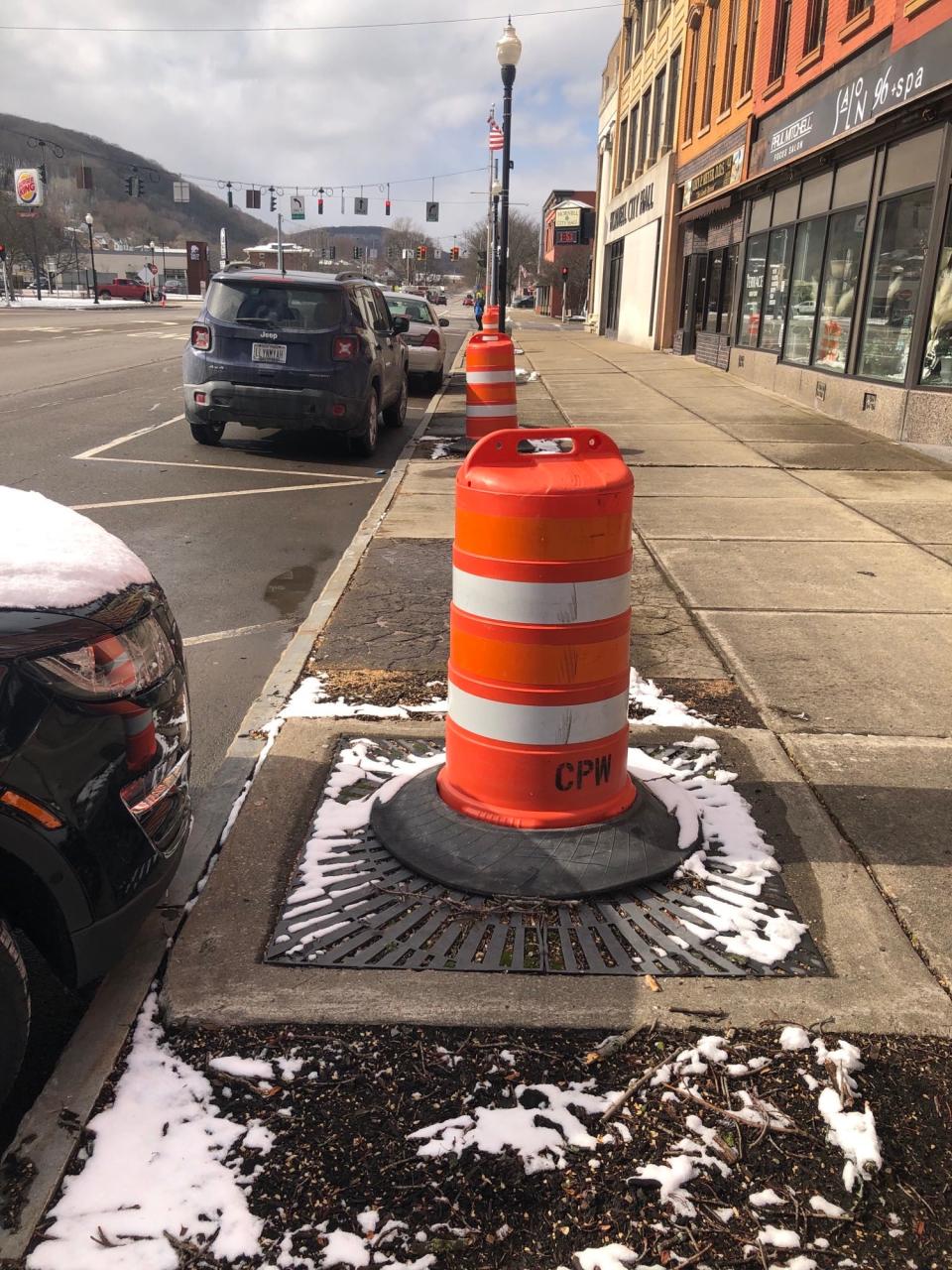 Construction cones cover where trees were removed ahead of the start of Hornell's downtown streetscape project, which will be conducted in four phases throughout 2024.