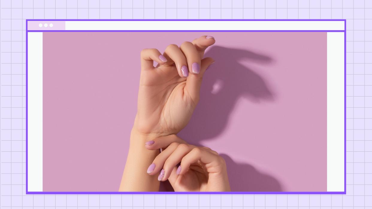  Two hands pictured with purple nails designs, against a purple background and in a lavender purple template 