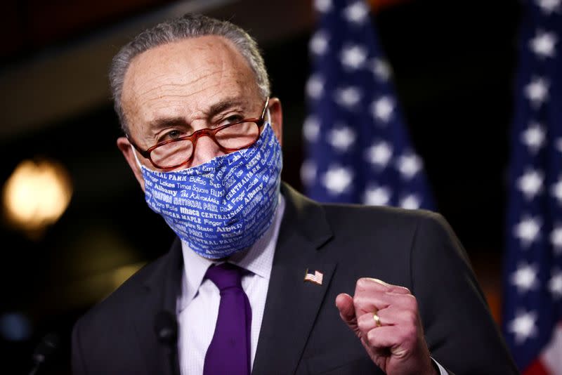 FILE PHOTO: U.S. House Speaker Pelosi and Senate Democratic Leader Schumer speak to reporters during news conference on Capitol Hill in Washington