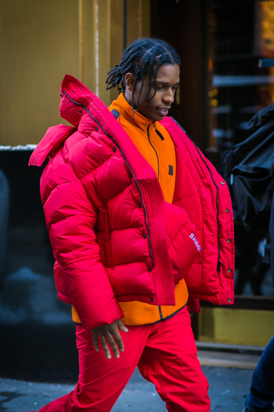 ASAP Rocky wears the season’s hottest coat – the puffer- at New York Fashion Week.