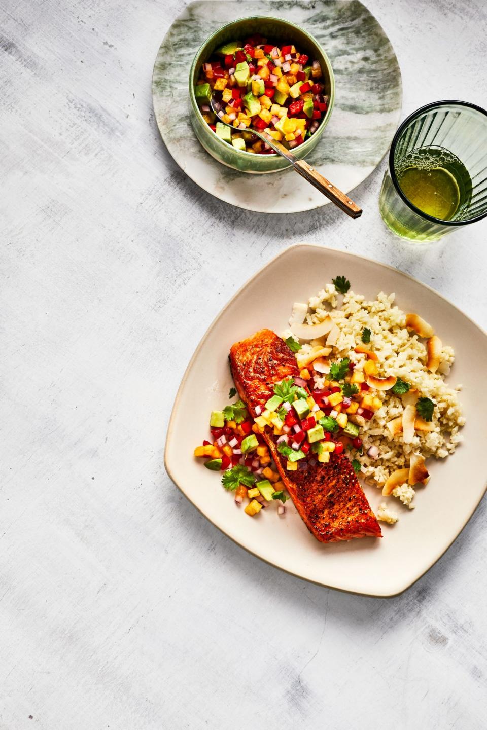 Salmon with Pineapple-Pepper Salsa and Coconut Cauliflower Rice