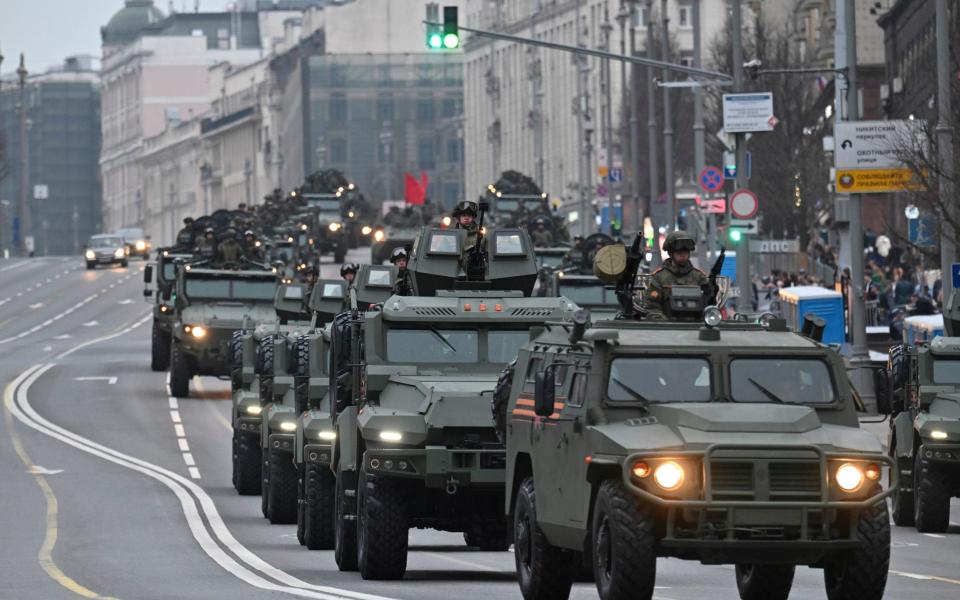 Russian armoured vehicles roll towards Moscow'd Red Square to attend a rehearsal in Russia's capital.