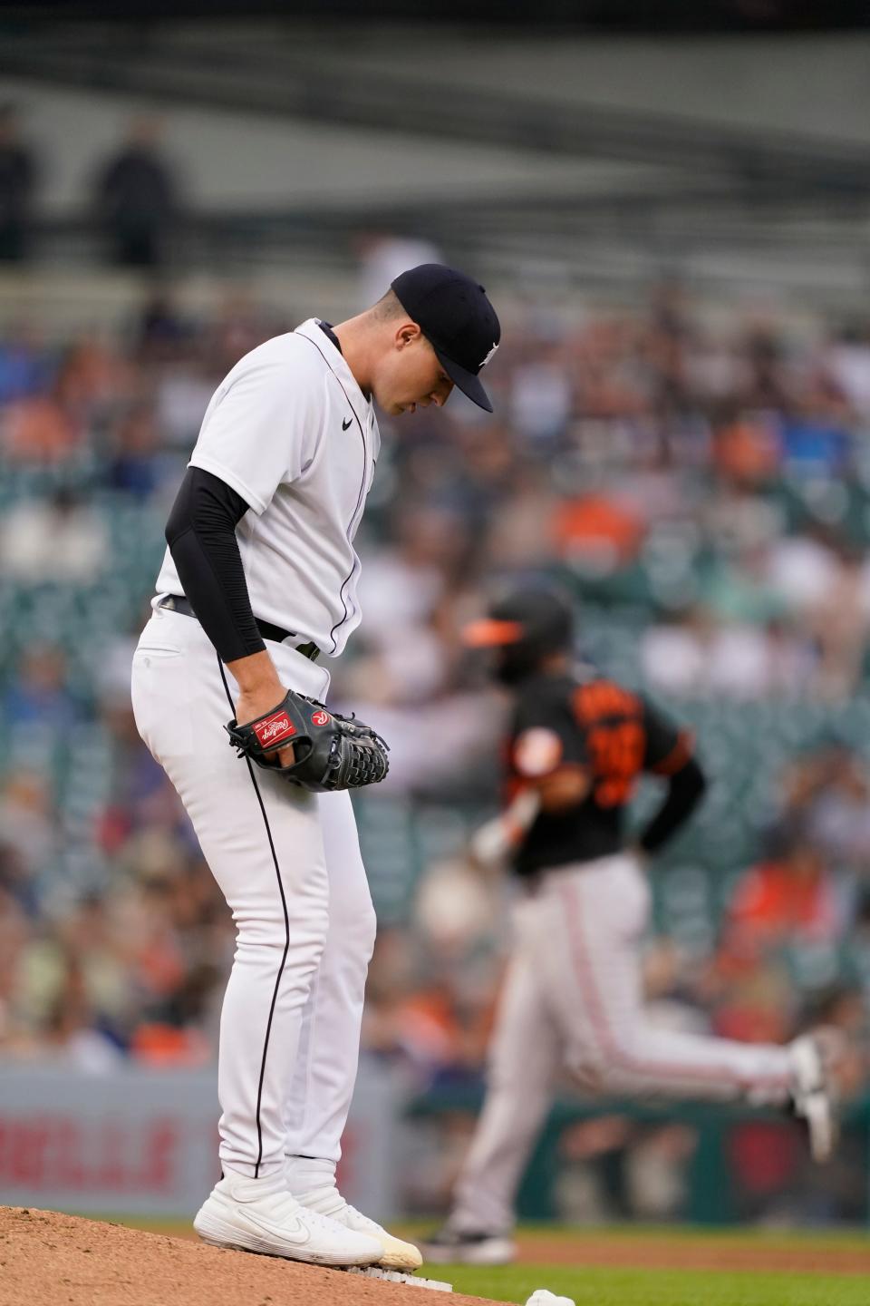 Detroit Tigers starting pitcher Tarik Skubal stands on the mound as Baltimore Orioles' Pedro Severino rounds the bases after a solo home run during the fifth inning of a baseball game, Friday, July 30, 2021, in Detroit.