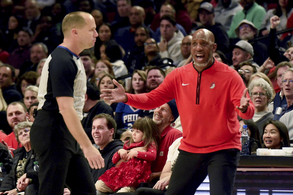 Portland Trail Blazers head coach Chauncey Billups reacts after receiving a technical foul during the first half of an NBA basketball game against the Philadelphia 76ers in Portland, Ore., Monday, Jan. 29, 2024. (AP Photo/Steve Dykes)