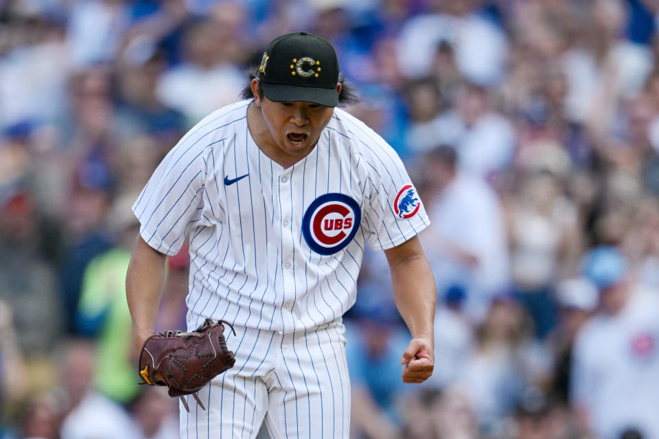 CHICAGO, ILLINOIS - MAY 18: Shota Imanaga #18 of the Chicago Cubs reacts in the seventh inning against the Pittsburgh Pirates at Wrigley Field on May 18, 2024 in Chicago, Illinois. (Photo by Quinn Harris/Getty Images)
