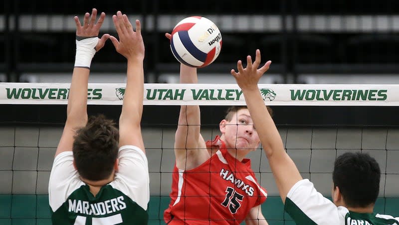 Teams compete in the first round of the 3A boys volleyball state tournament at the UCCU Center in Orem on Friday, May 10, 2024.