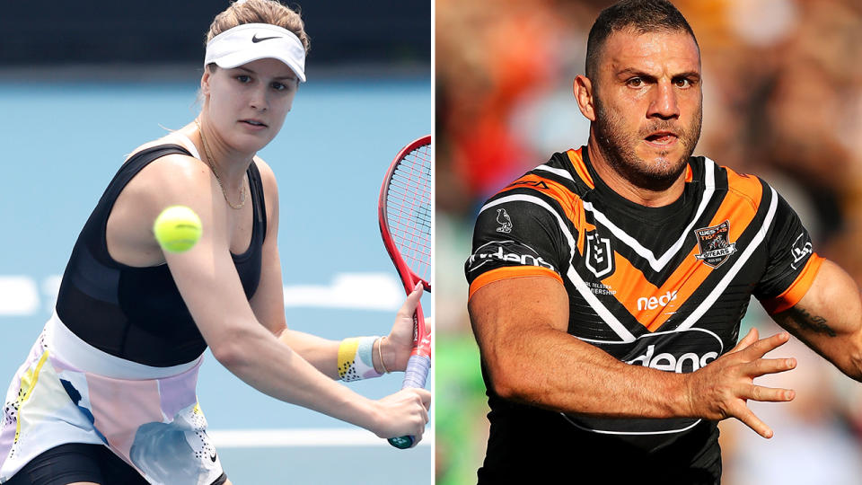 Eugenie Bouchard and Robbie Farah, pictured here at the Australian Open and in the NRL.