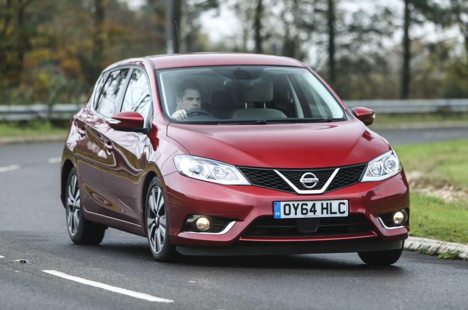 <p>Is that the look of a man who is enjoying the drive? No, it’s a look that suggests he’d rather be behind the wheel of a Ford Focus or a VW Golf. Sure enough, the Nissan Pulsar felt as stodgy as <strong>last night’s semolina</strong> and the styling made us realise why Nissan turned its back on the Almera to focus on building crossovers. However, if your children have exceedingly long legs and wide elbows, the Pulsar is worth a look; it’s like a limo in the back.</p>