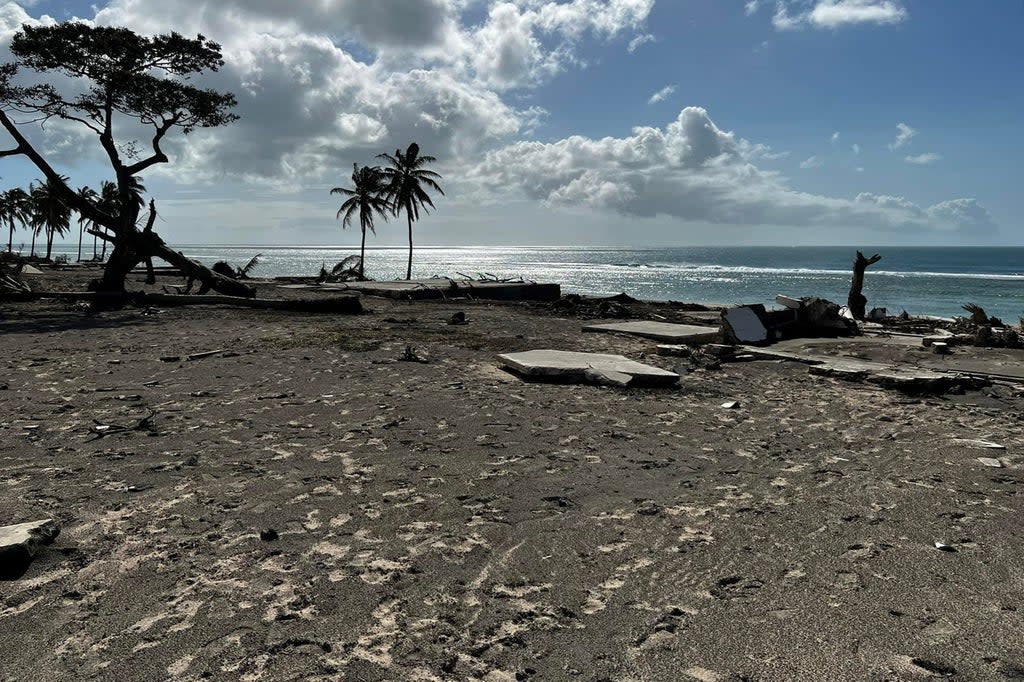 Destruction along the western beaches of Tonga’s main island of Tongatapu following the eruption of the Hunga Tonga-Hunga Haapai undersea volcano  (Courtesy of Viliami Uasike Latu/AFP via Getty Images)