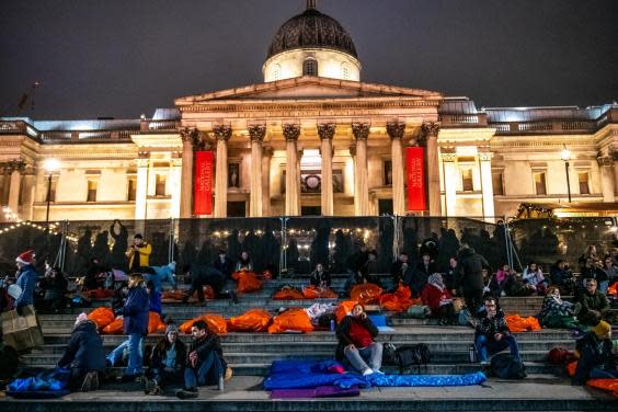 World's Big Sleep Out: London participants settling in for the World's Big Sleep Out at Trafalgar Square