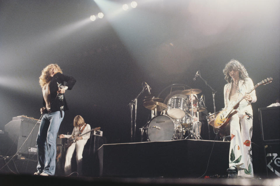 English rock group Led Zeppelin performing on stage at Madison Square Garden in New York, June 1977. Members of the band are, from left, Robert Plant, John Paul Jones, John Bonham (1948-1980) and Jimmy Page. (Photo by Michael Putland/Getty Images)