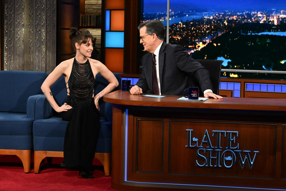 The Late Show with Stephen Colbert and guest Kristen Stewart during Monday’s March 11, 2024 show. Photo: Scott Kowalchyk/CBS ©2024 CBS Broadcasting Inc. All Rights Reserved.