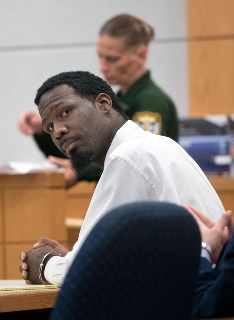 Markell Brent Sawyer appears before Circuit Judge John Simon on Thursday, March 23, 2023. Sawyer was convicted of manslaughter for 79-year-old Nelson Sanderson in August 2020 while in Century Correctional Institute.