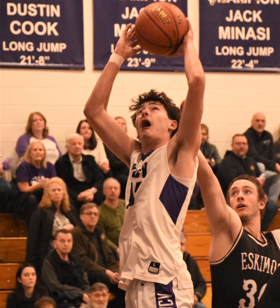West Canada Valley Nighthawk Jace Bartlett grabs a rebound against the Town of Webb Tuesday in Newport. The Nighthawks closed out a 15-5 regular seasn with an 11-1 mark in Division III of the Center State Conference to earn a league title.