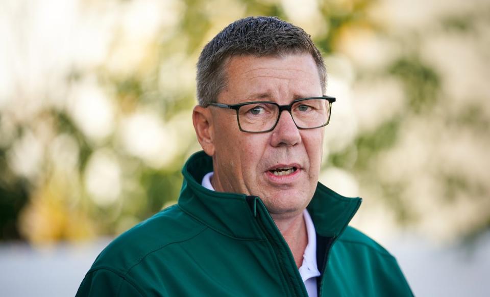 Saskatchewan Party leader Scott Moe speaks during a media event in Regina, on Friday, October 4, 2024.