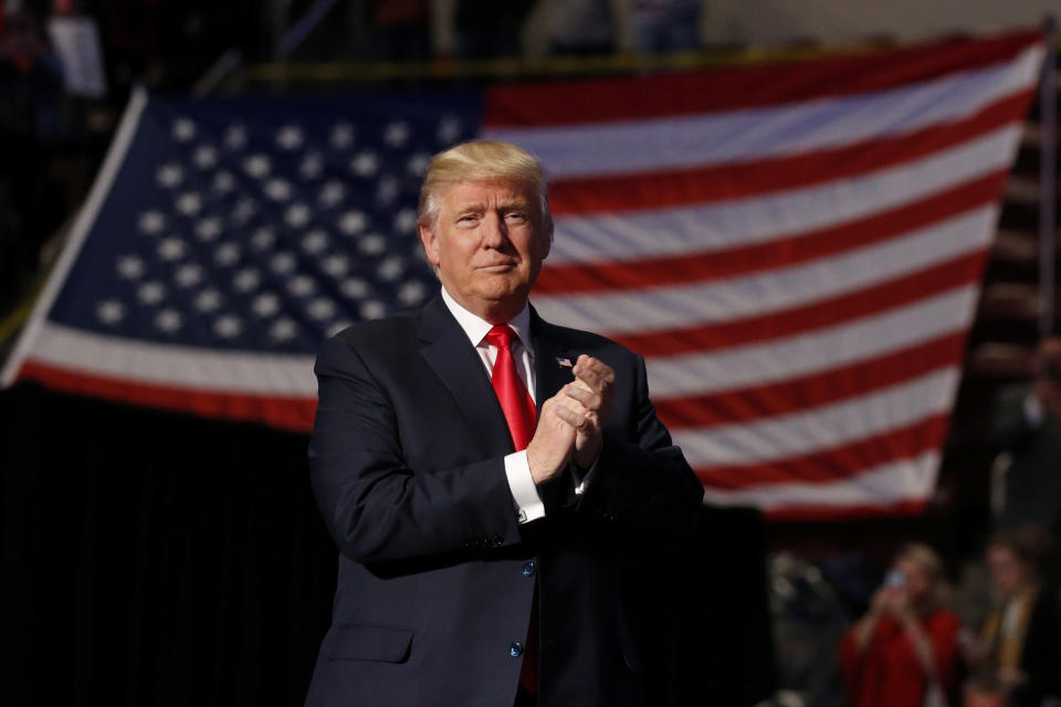 President-elect Donald Trump arrives to speak during a USA Thank You Tour event at Giant Center in Hershey, Pennsylvania, on Dec. 15, 2016.