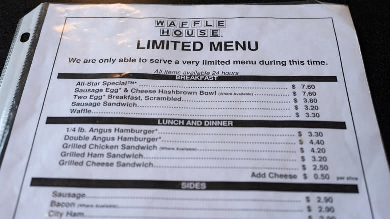 Waffle House menu on table