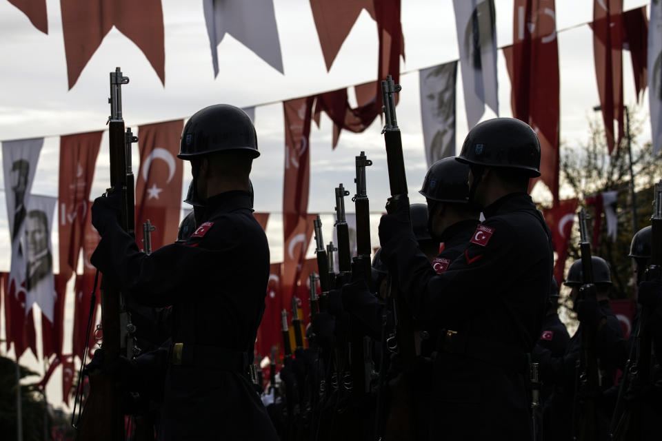 Turkey's army soldiers in a parade as part of celebrations marking the 100th anniversary of the creation of the modern, secular Turkish Republic, in Istanbul, Turkey, Sunday, Oct. 29, 2023. (AP Photo/Emrah Gurel)