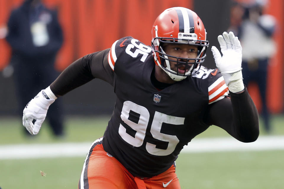 FILE - In this Jan. 3, 2021, file photo, Cleveland Browns defensive end Myles Garrett (95) runs off of the line of scrimmage during an NFL football game against the Pittsburgh Steelers in Cleveland. Garrett has nothing but respect for Chiefs quarterback Patrick Mahomes, a generational talent on another level from other players in the NFL. (AP Photo/Kirk Irwin, File)