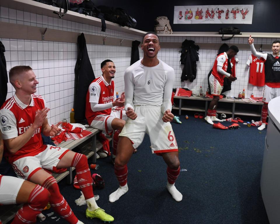 Arsenal defender Gabriel celebrates after the Premier League match between Tottenham Hotspur and Arsenal FC at Tottenham Hotspur Stadium on January 15 (Arsenal FC via Getty Images)