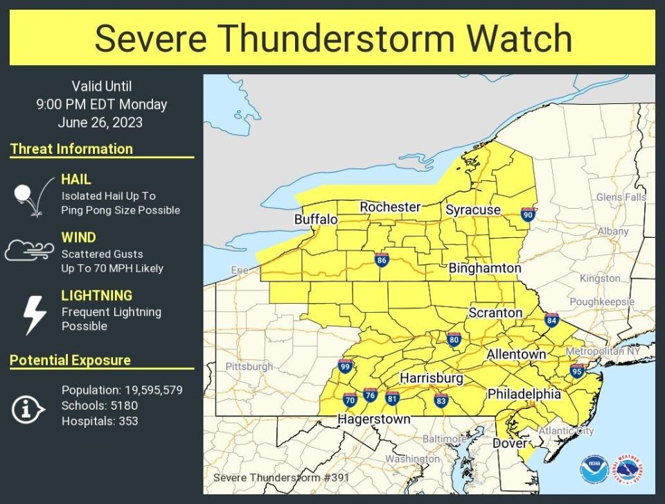 The National Weather Service expects severe thunderstorms to impact a large portion of the U.S. Northeast throughout Monday afternoon and evening.