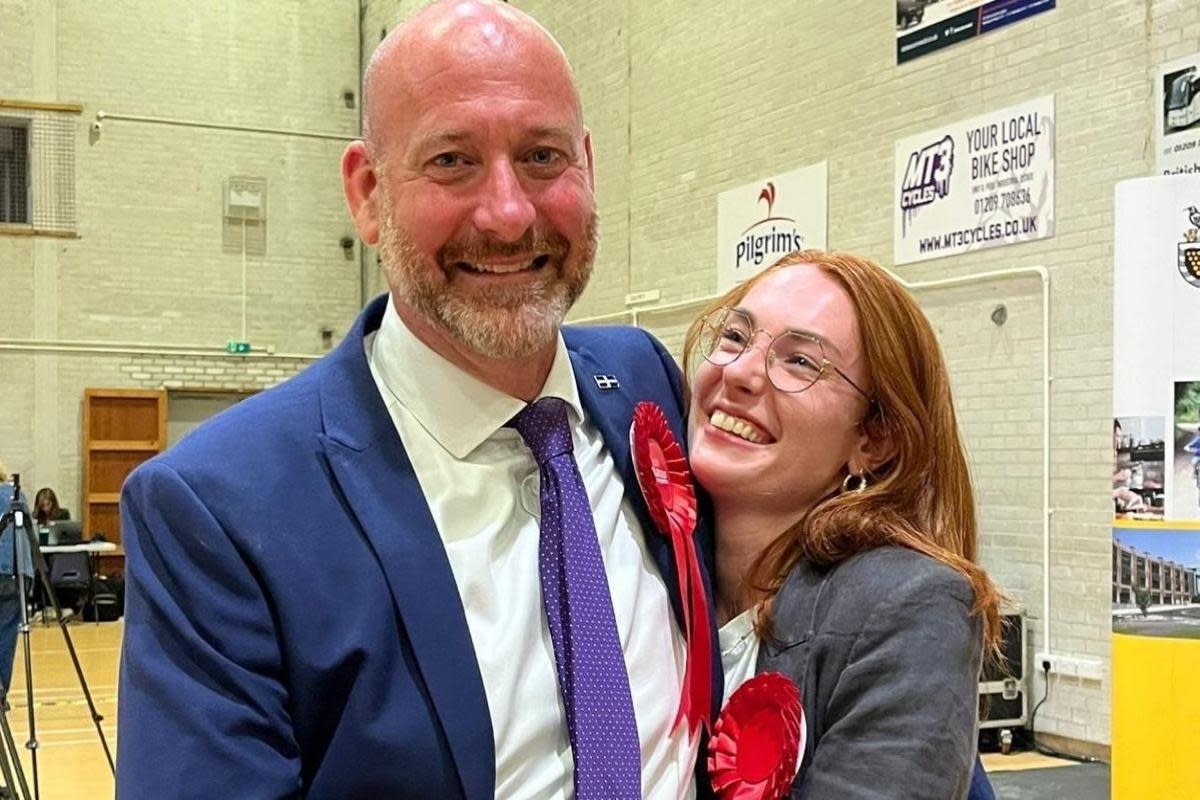 New Labour MP for Camborne and Redruth Perran Moon celebrates at the Carn Brea count with daughter Tamara (Image: Perran Moon)