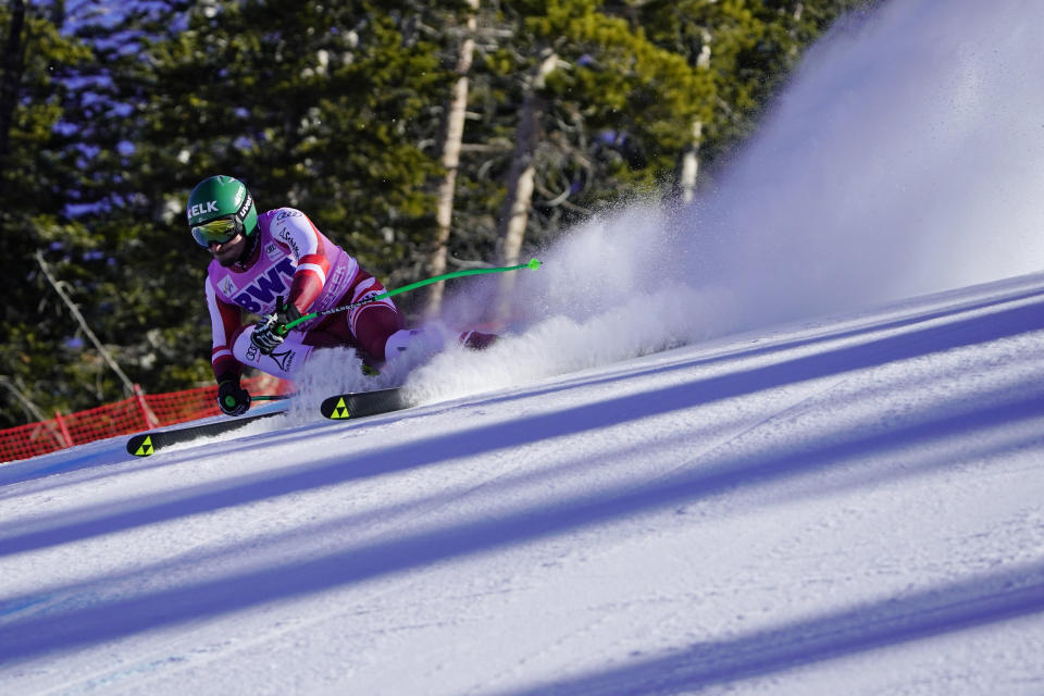 Austria's Max Franz skis during a men's World Cup downhill skiing training run Wednesday, Dec. 1, 2021, in Beaver Creek, Colo. (AP Photo/Robert F. Bukaty)