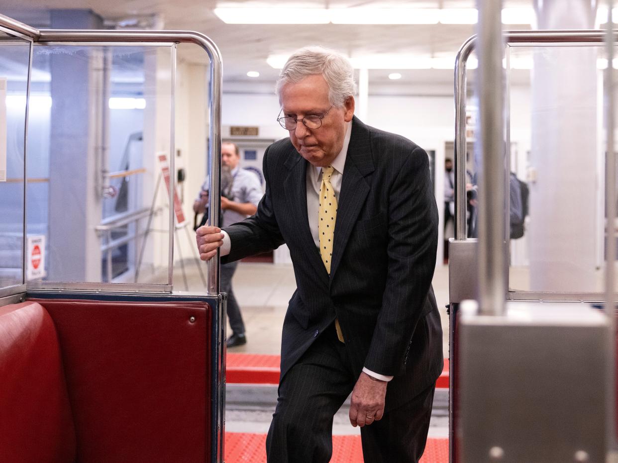 Senate Minority Leader Mitch McConnell (R-KY) makes his way to a Senate Republican Policy luncheon at the U.S. Capitol on May 18, 2021 in Washington, DC.  (Getty Images)