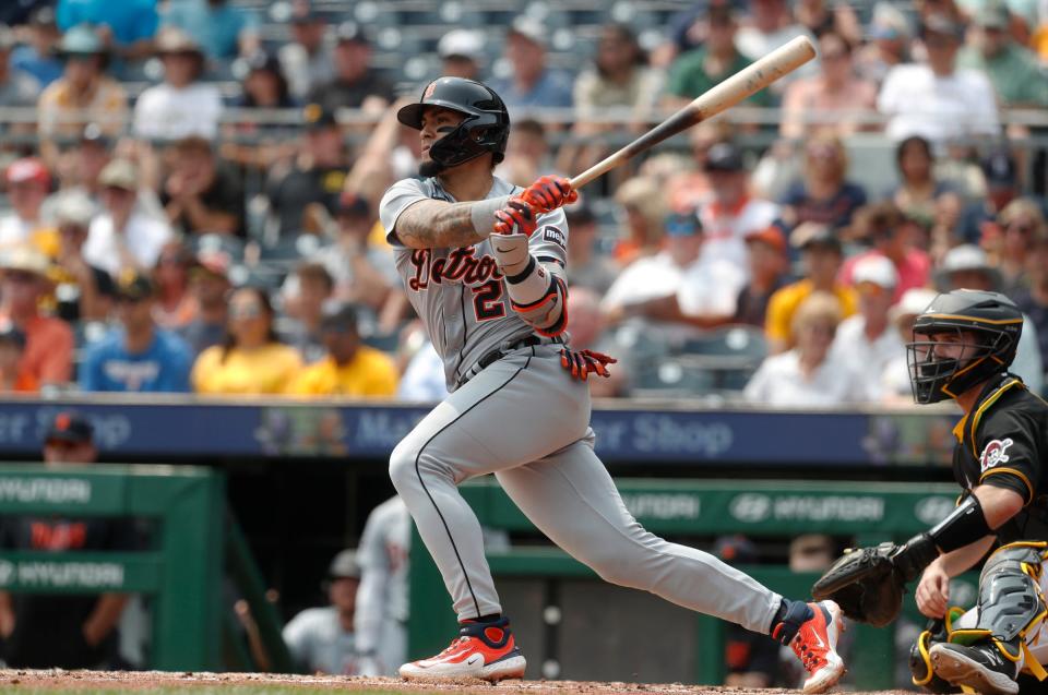 Detroit Tigers shortstop Javier Baez hits an RBI single against the Pittsburgh Pirates during the fourth inning at PNC Park on Aug. 2, 2023, in Pittsburgh, Pennsylvania.