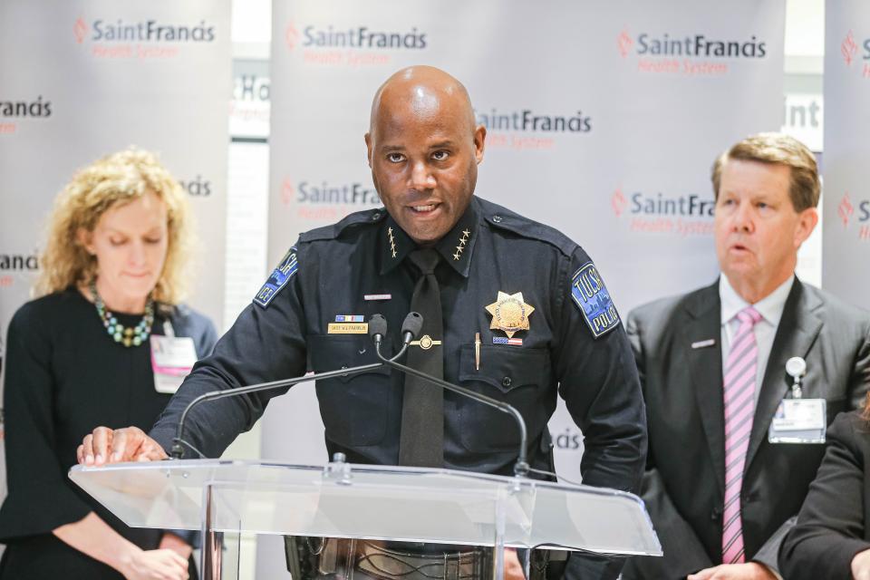 Tulsa Police Chief Wendell Franklin speaks Thursday at a news conference, a day after a gunman entered a medical facility and killed four Wednesday on the Saint Francis Hospital campus in Tulsa.