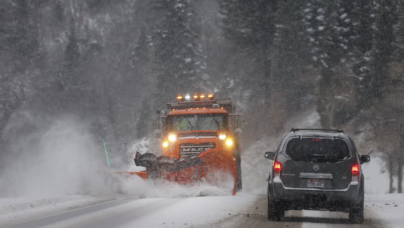 A snowplow clears the road in Big Cottonwood Canyon on Friday, Dec. 1, 2023. There are some tips to help drive safer during stormy weather.