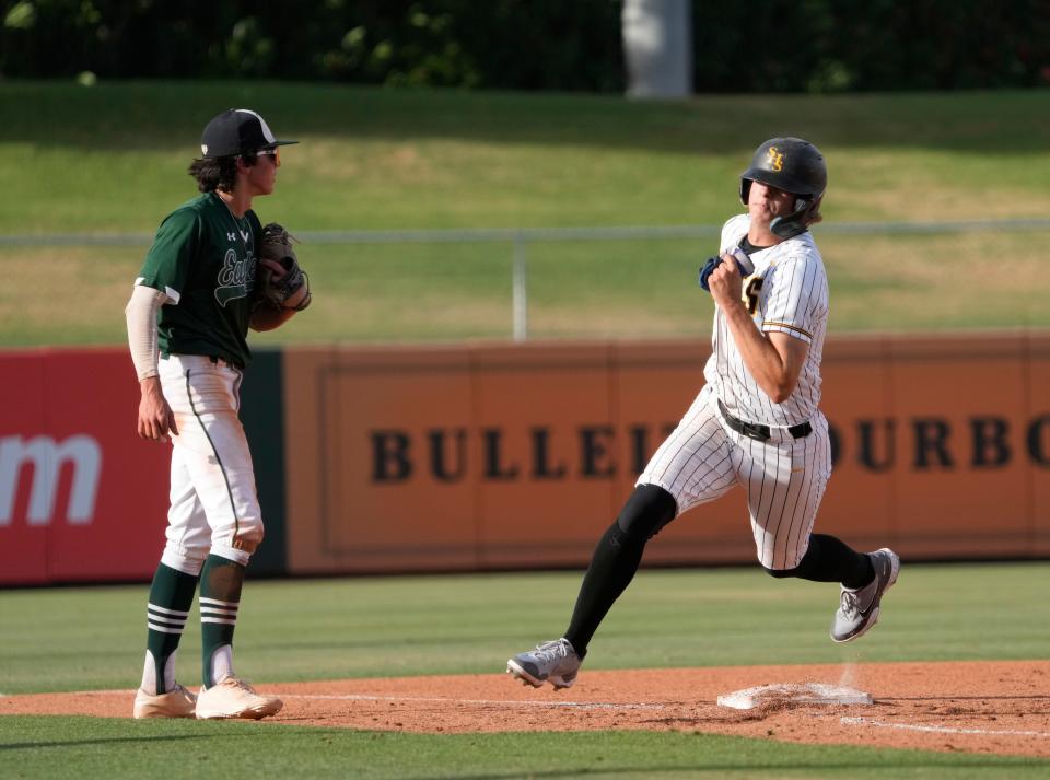 Saguaro's Cade Shumard (4) rounds third base before scoring against Flagstaff during the 4A State Baseball Playoffs at Tempe Diablo Stadium on May 1, 2023.