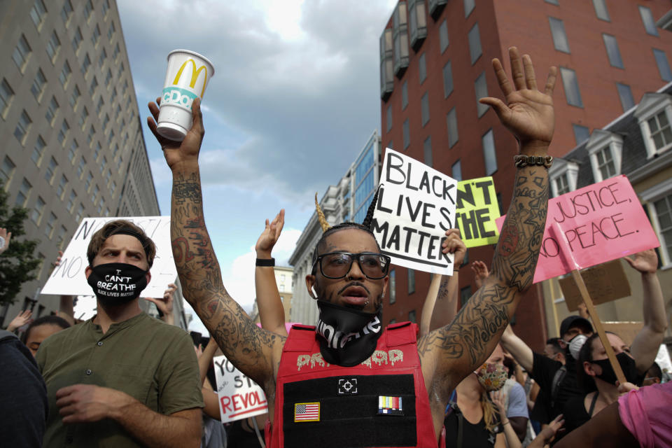 Protests over the death of George Floyd, an unarmed black man who died last month after being pinned down by a white police officer in Minneapolis, continue on the sixth consecutive day in Washington, DC, on June 3, 2020. (Photo by Yasin Ozturk/Anadolu Agency via Getty Images)