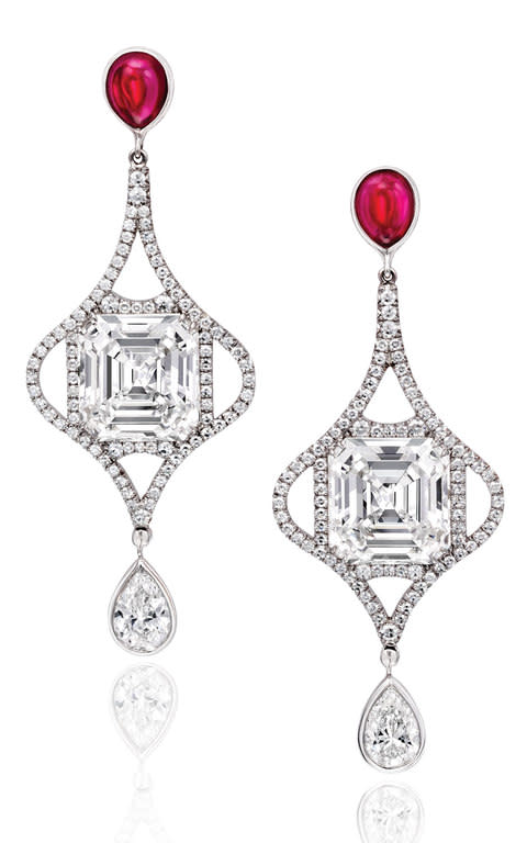 Sotheby's Diamonds Lattice earrings in platinum and 18ct rose gold with diamonds and cabochon spinels