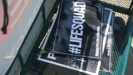 Life Squad signs for pro-life supporters are seen outside the Reproductive Health Services of Planned Parenthood St. Louis Region, Missouri's sole abortion clinic, in St. Louis, Missouri, U.S. May 28, 2019. REUTERS/Lawrence Bryant