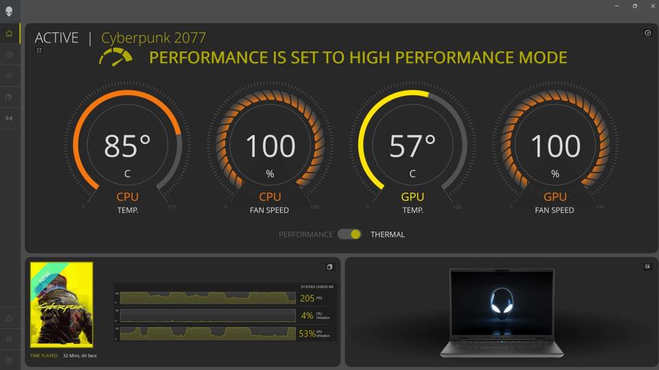 Alienware m16 R2 gaming laptop performance in Command Center.