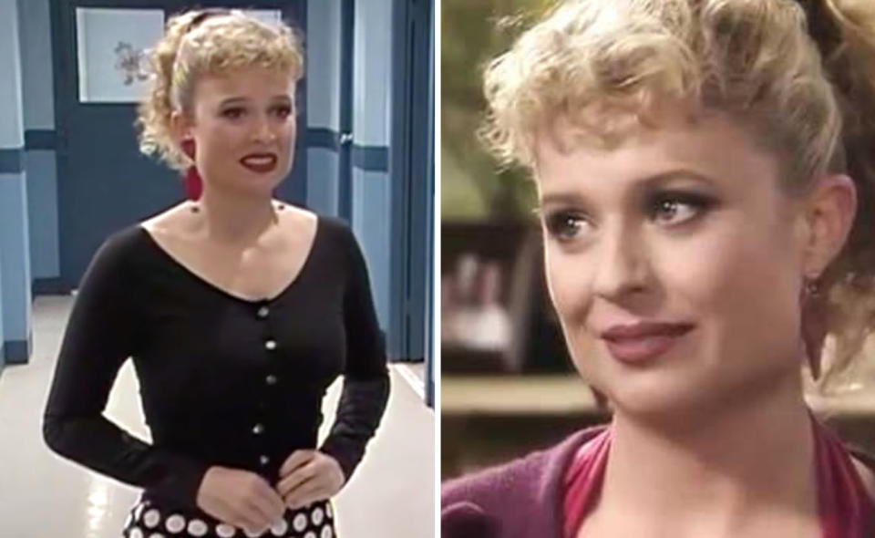 Two photos of Emily Symons on Home and Away in the 1990s