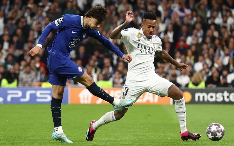 Joao Felix of Chelsea has a shot during the UEFA Champions League quarterfinal first leg match between Real Madrid and Chelsea FC at Estadio Santiago Bernabeu - Getty Images/James Williamson
