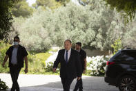 Naftali Bennett, head of the Yamina Party, arrives to meet with Israeli President Reuvin Rivlin in Jerusalem, Wednesday, May 5, 2021. Israel's president on Wednesday signaled he would move quickly to task a new candidate with forming a government after Prime Minister Benjamin Netanyahu failed to do so ahead of a midnight deadline. (AP Photo/Maya Alleruzzo)