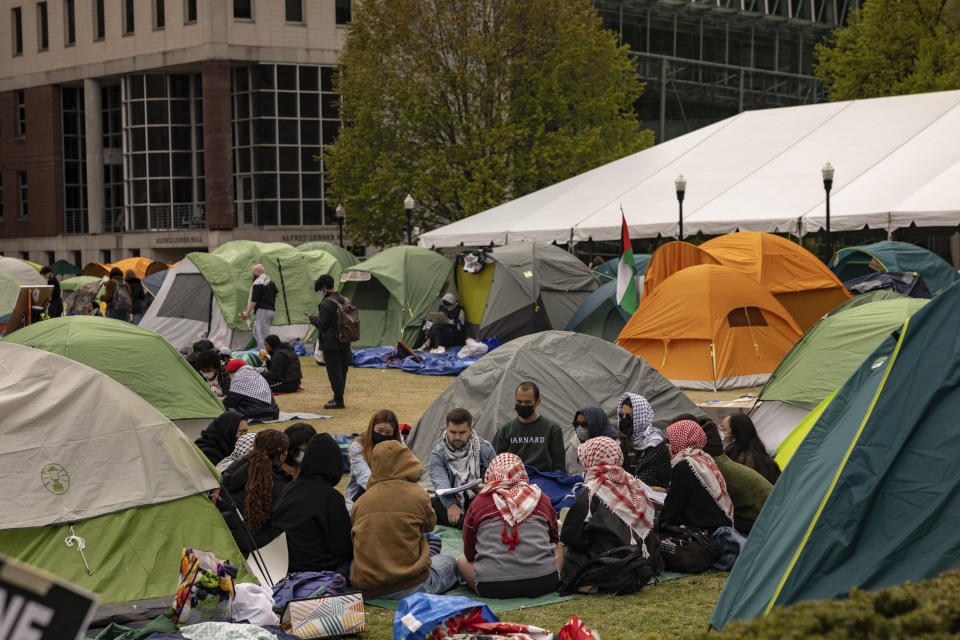 A Pro-Palestinian demonstration encampment is seen at the Columbia University, Saturday, April 27, 2024, in New York. (AP Photo/Yuki Iwamura)